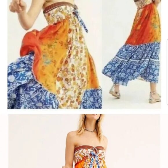 Free People Golden Dreams mixed print Strapless Ruffle Maxi Dress Size Medium - Picture 2 of 12